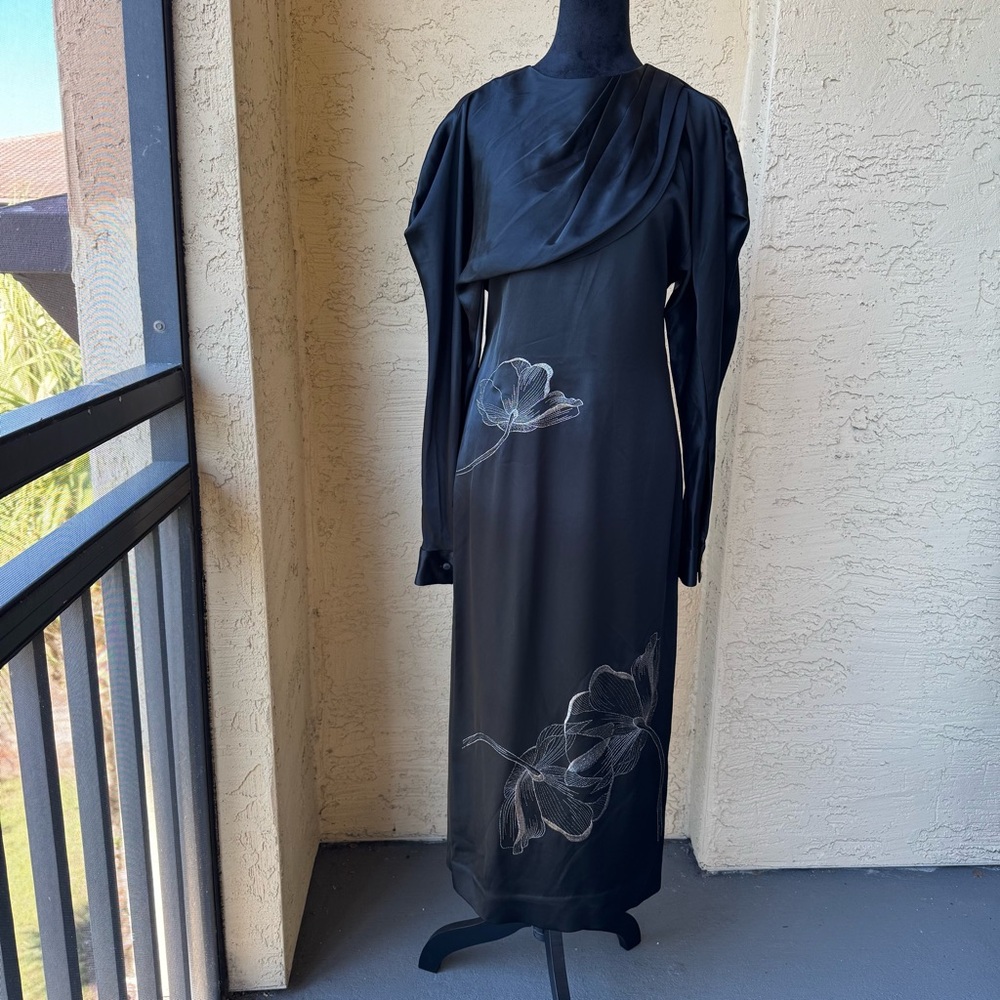 ZARA Limited Edition Embroidered Satin Midi Dress Sz M Black Long Sleeve Evening